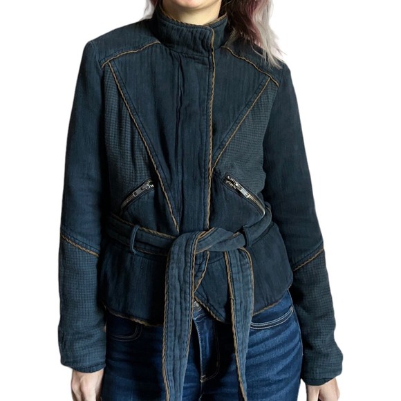 Free People Navy Blue Moto Jacket Size S Belted Full Zip Distressed Cotton - Picture 14 of 17